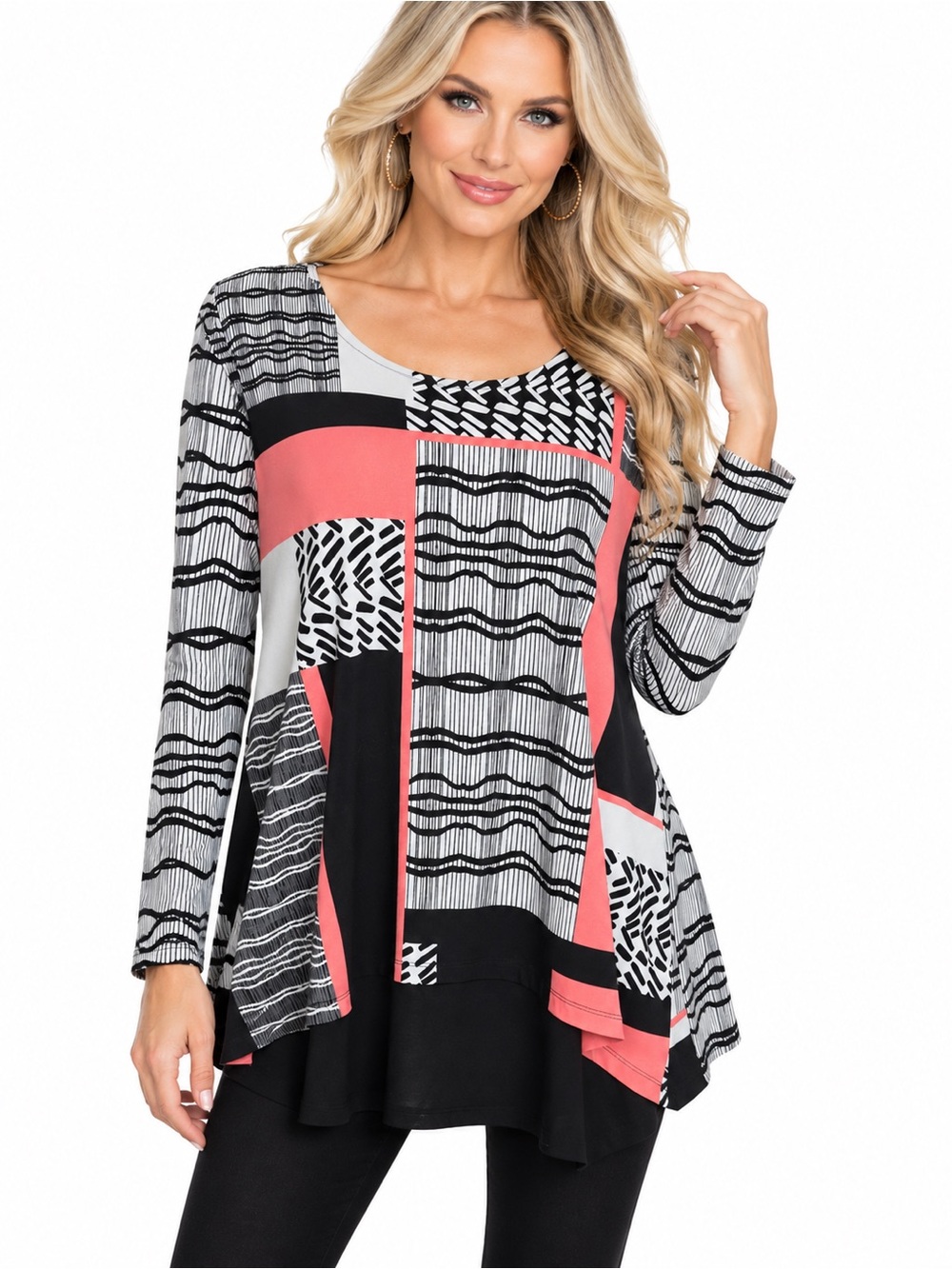 Alfani XL Geometric Print Long Sleeve Asymmetrical Tunic Top Black Coral